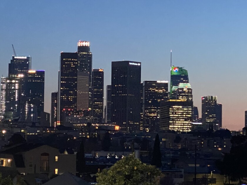 The view of downtown Los Angeles on Thursday night from Cathedral High.