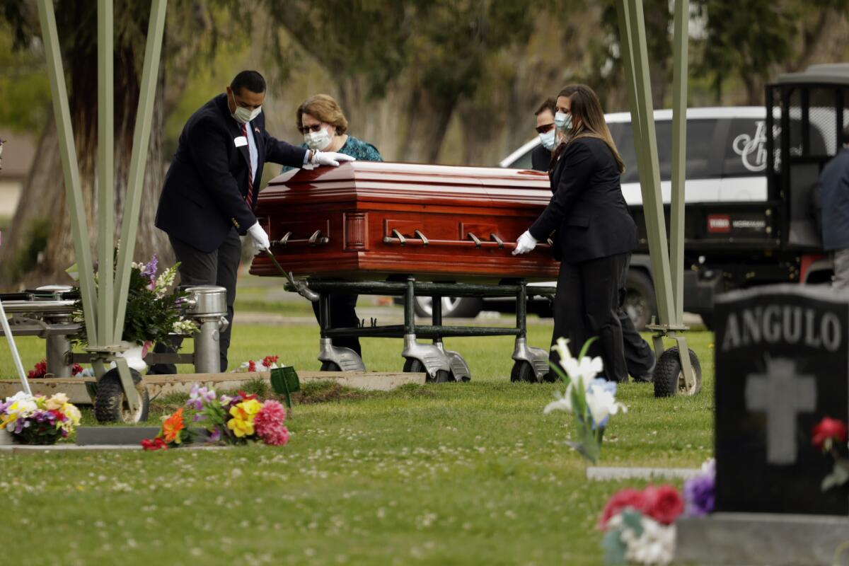 People in dark clothes, masks and plastic gloves stand alongside a coffin. In the foreground is a gravestone.