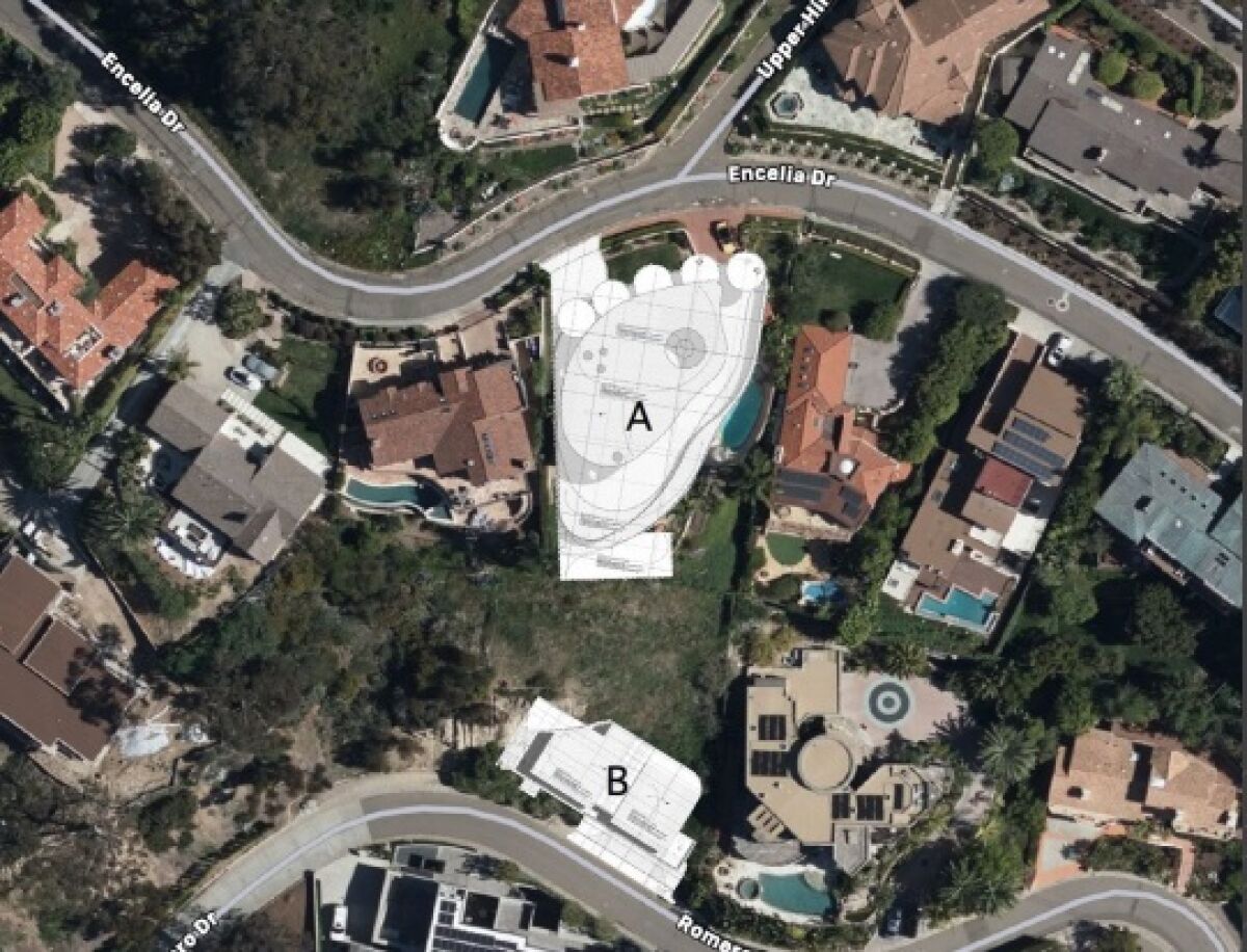 An overview of Encelia Drive (top) and Romero Drive shows two proposed houses superimposed.