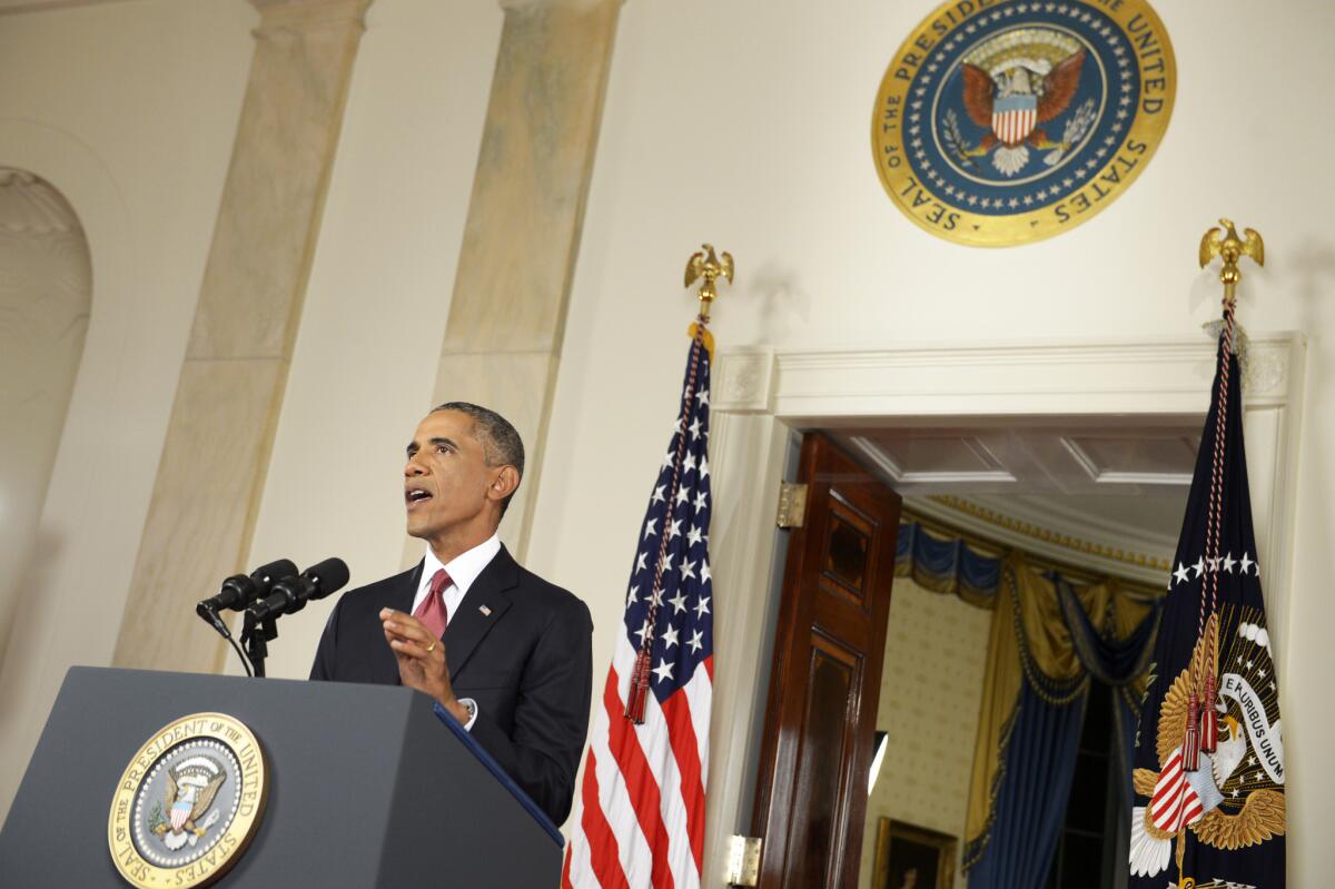 President Obama addresses the nation about the Islamic State militant group from the Cross Hall in the White House in Washington on Wendesday.