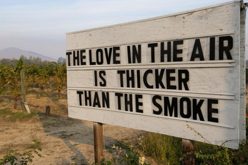 A sign about the recent wildfires stands in a vineyard outside the Cline Cellars winery Monday, Oct. 16, 2017, in Sonoma, Calif. With the winds dying down, fire crews gained ground as they battled wildfires that have devastated California wine country and other parts of the state over the past week, and thousands of people got the all-clear to return home. (AP Photo/Eric Risberg)