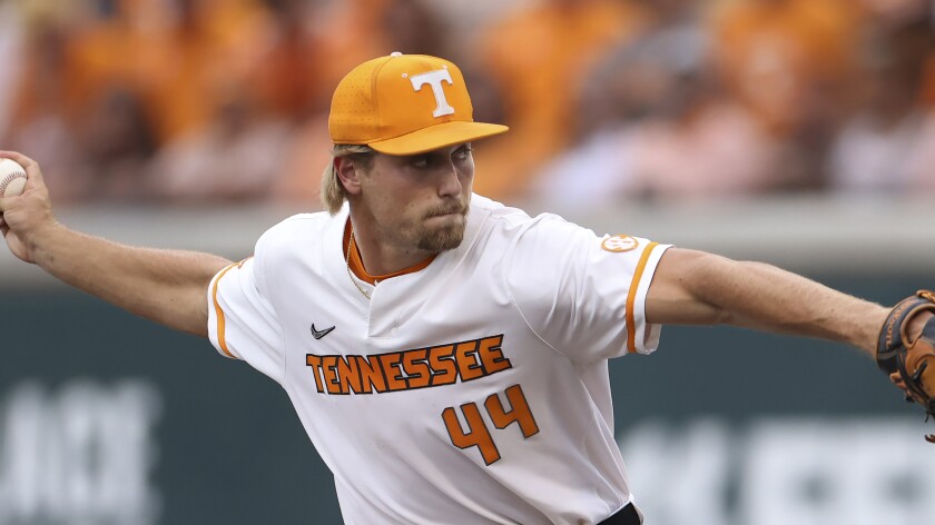 Tennessee pitcher Ben Joyce throws a pitch against Notre Dame on June 10 in Knoxville, Tennessee.