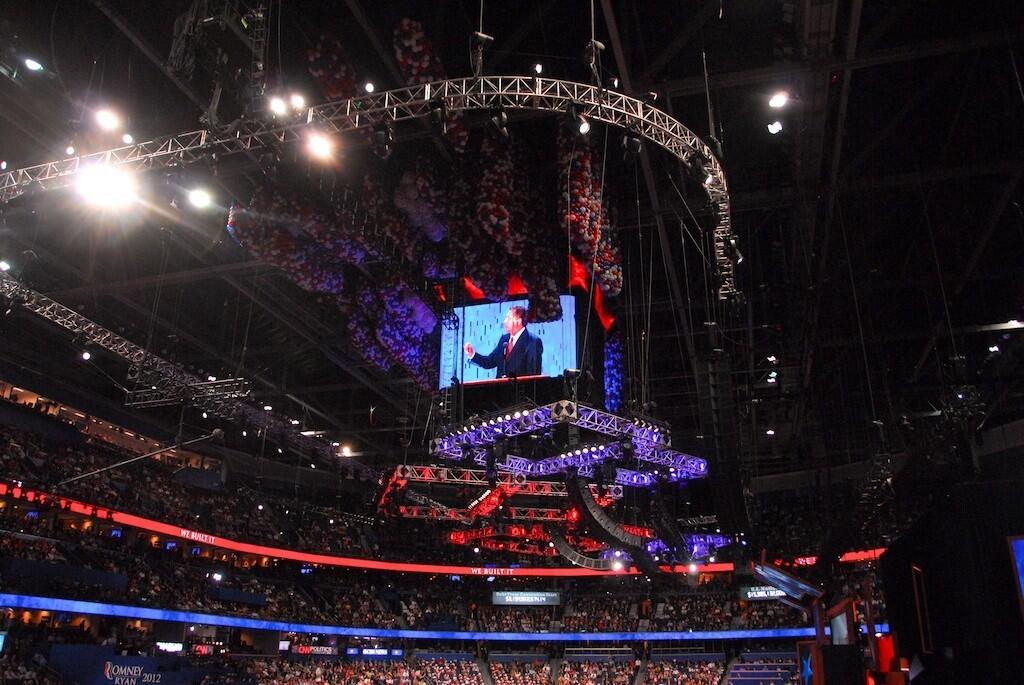 A view inside the main convention hall of the RNC on Tues., Aug. 28, 2012.