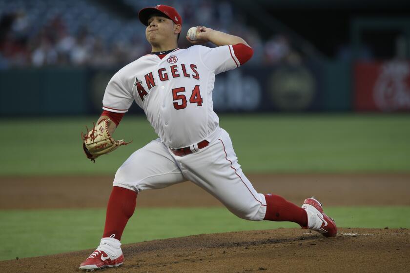 Los Angeles Angels starting pitcher Jose Suarez throws to a Pittsburgh Pirates batter during the first inning of a baseball game in Anaheim, Calif., Monday, Aug. 12, 2019. (AP Photo/Alex Gallardo)