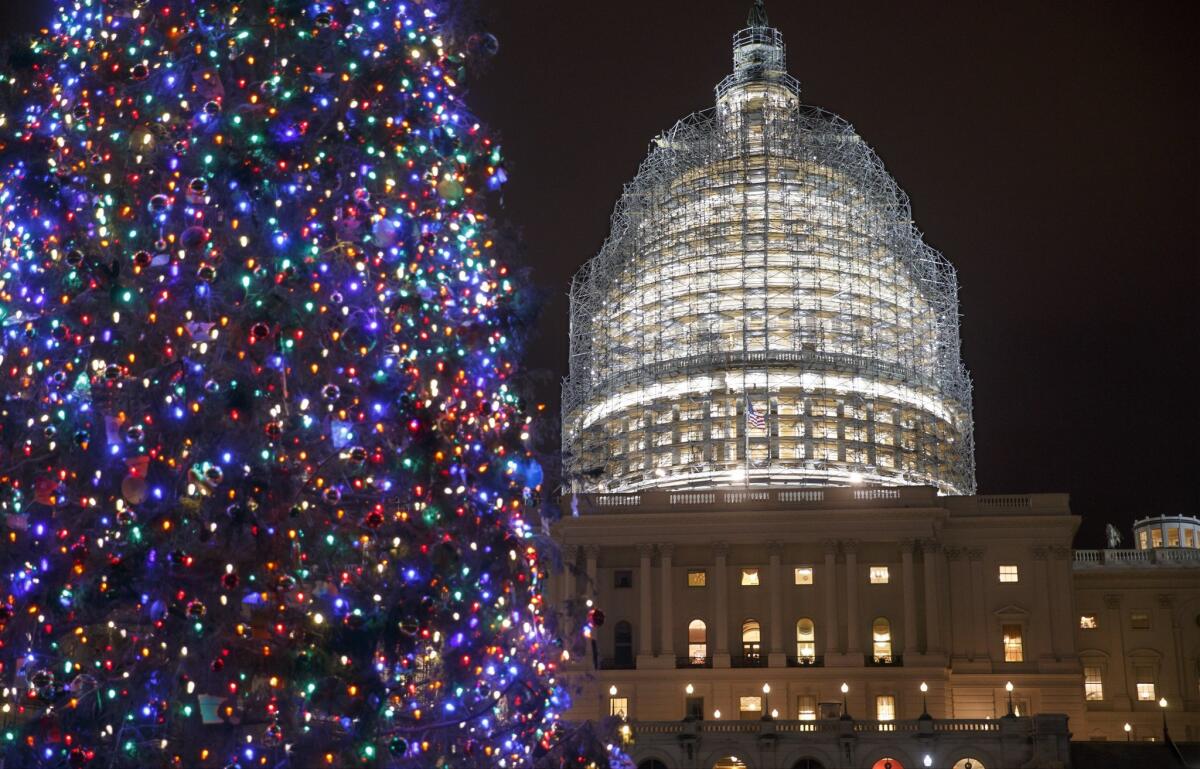 The Capitol dome and the Capitol Christmas tree are illuminated late Thursday evening as Congress works to pass a $1.1-trillion U.S. government-wide spending bill and avoid a government shutdown.