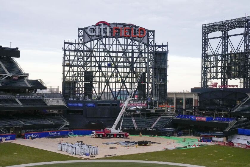 FILE - Citi Field under construction is seen during the off season, Tuesday, Jan. 31, 2023, in New York. New York announced it will open a membership only speakeasy behind Citi Field's right field fence this season called The Cadillac Club at Payson's, in honor of founding owner Joan Whitney Payson. (AP Photo/Mary Altaffer, File)
