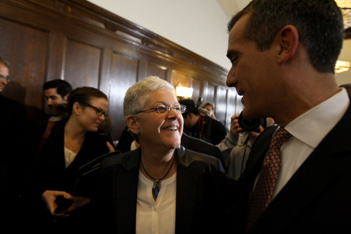 Los Angeles Mayor Eric Garcetti greets Environmental Protection Agency Administrator Gina McCarthy on Feb. 13 during a Los Angeles meeting of the climate task force appointed by President Obama.