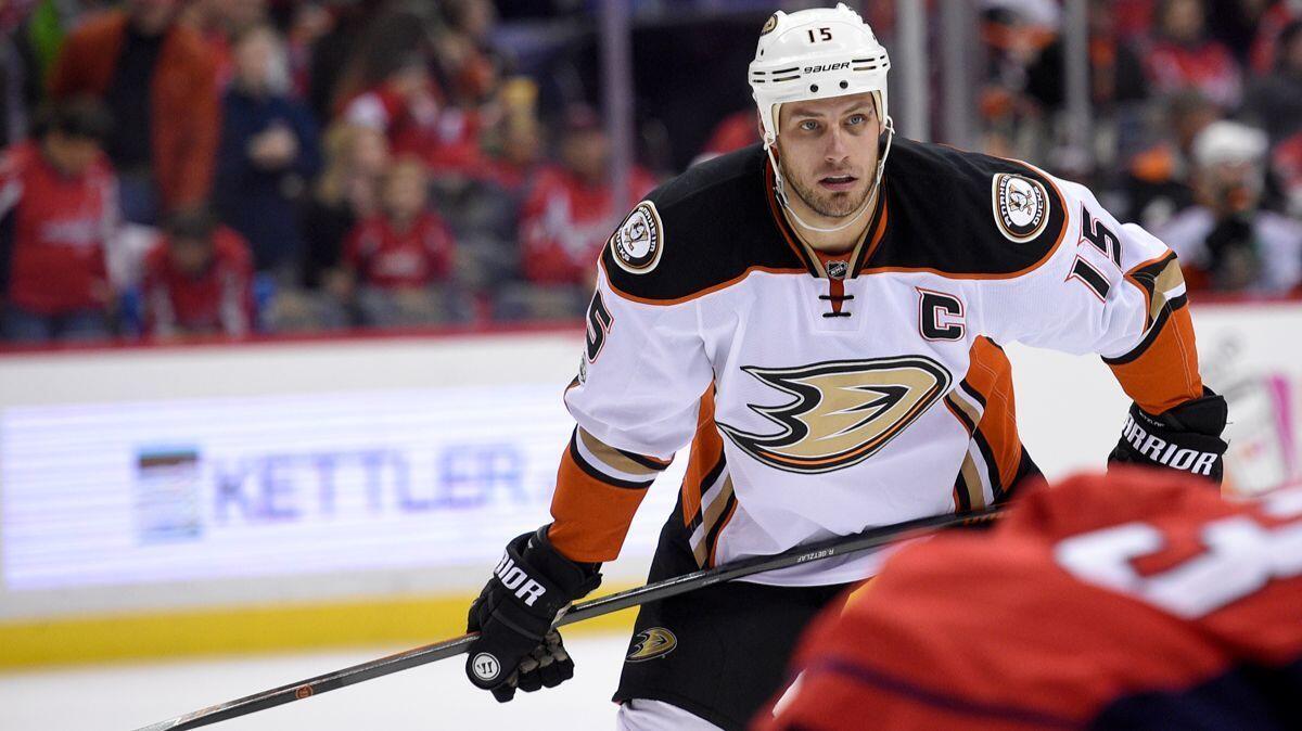 Ducks center Ryan Getzlaf, shown in a game in December, shouts at assistant coach Trent Yawney during practice.