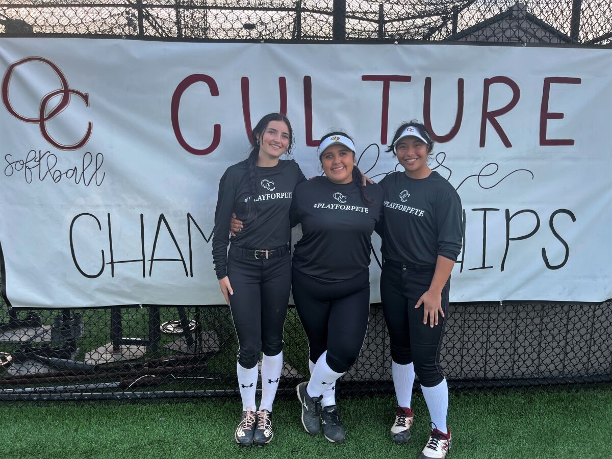 Oaks Christian softball players (from left) Justine Lambert, Anahi Arreola and Paityn Lavin.
