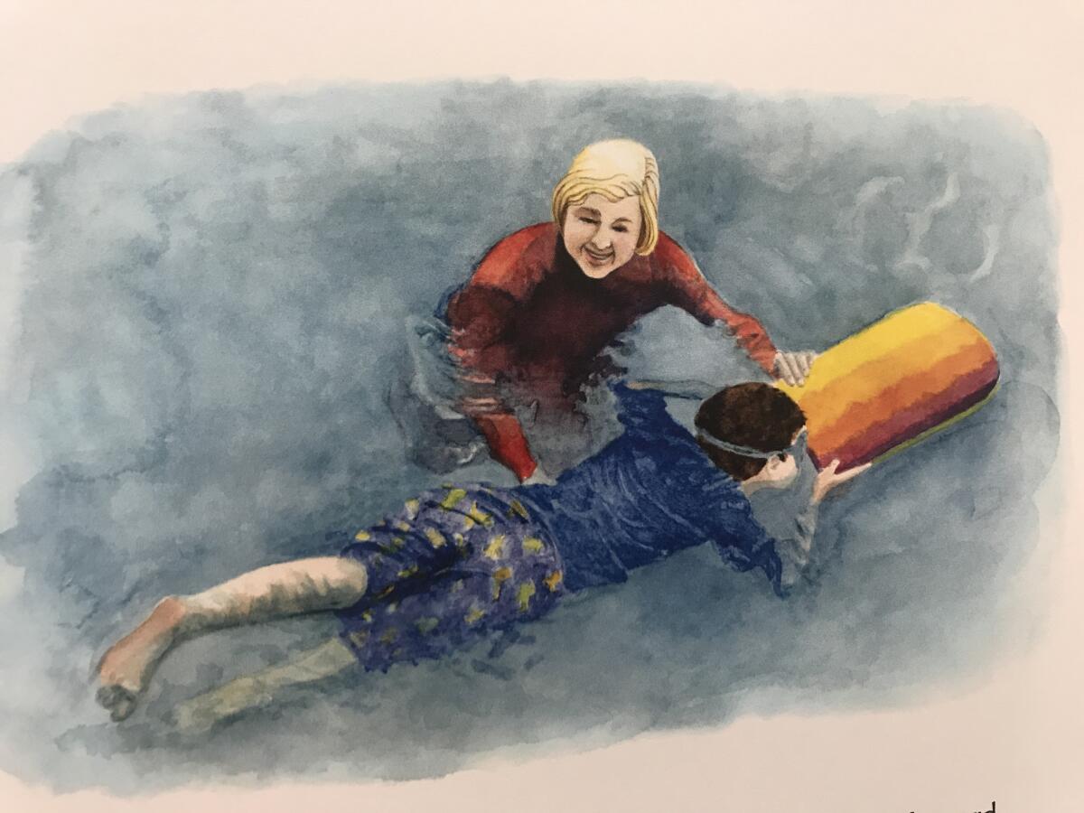 An illustration by Sue Ann Erickson in Marcia Stanley's "Callum Takes Swim Lessons".