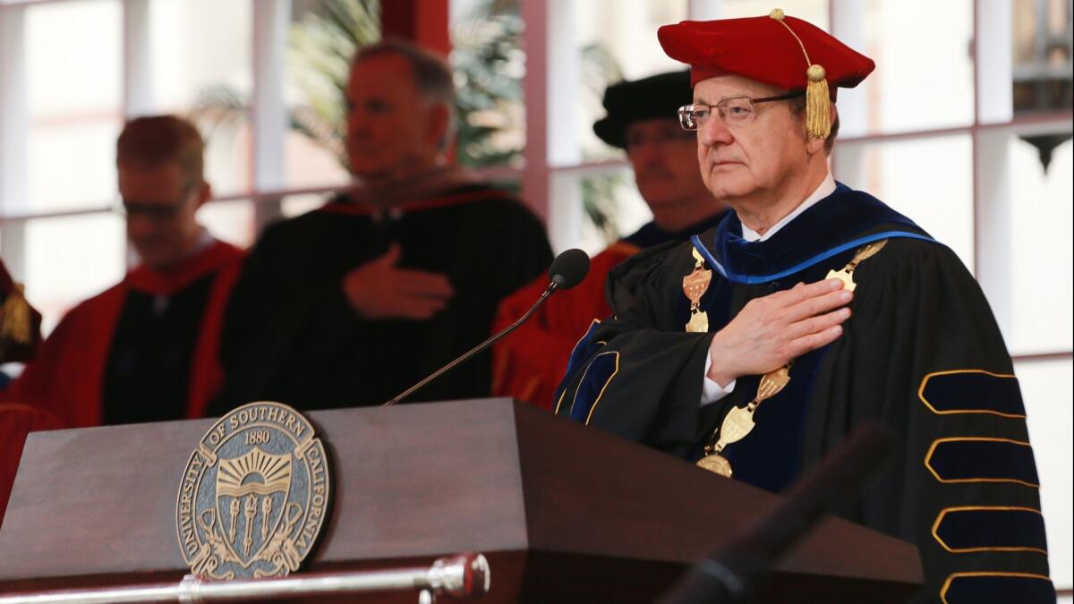 USC president Max Nikias attends The University Of Southern California's Commencement Ceremony at Alumni Park at USC on May 11.