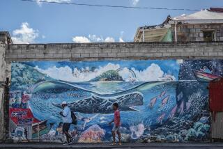 People walk past a mural of a whale created by artist Marcus Cuffi in Roseau, Dominica, Sunday, Nov. 12, 2023. The tiny island of Dominica announced on Nov. 13, 2023 that it is creating the world’s first marine protected area for one of earth’s largest animals: the endangered sperm whale. (AP Photo/Clyde K Jno-Baptiste)