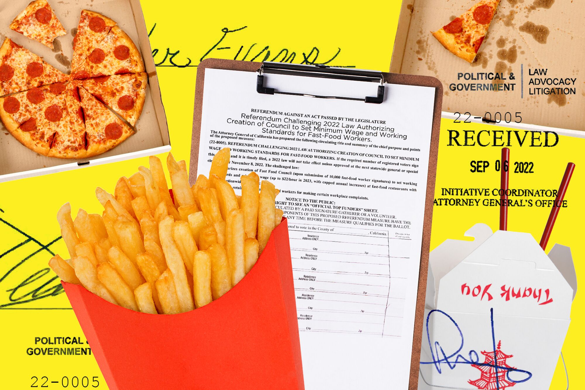 A collage that includes fast-food items and a clipboard with the referendum petition attached.