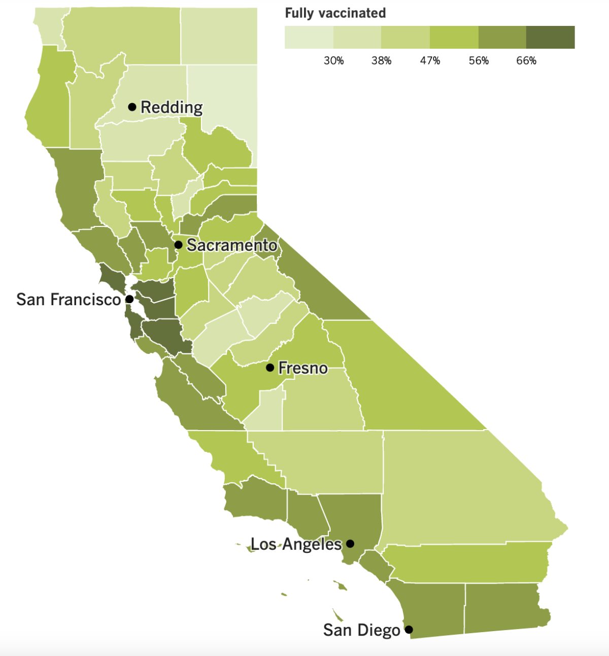 A map showing California's vaccination progress, by county.