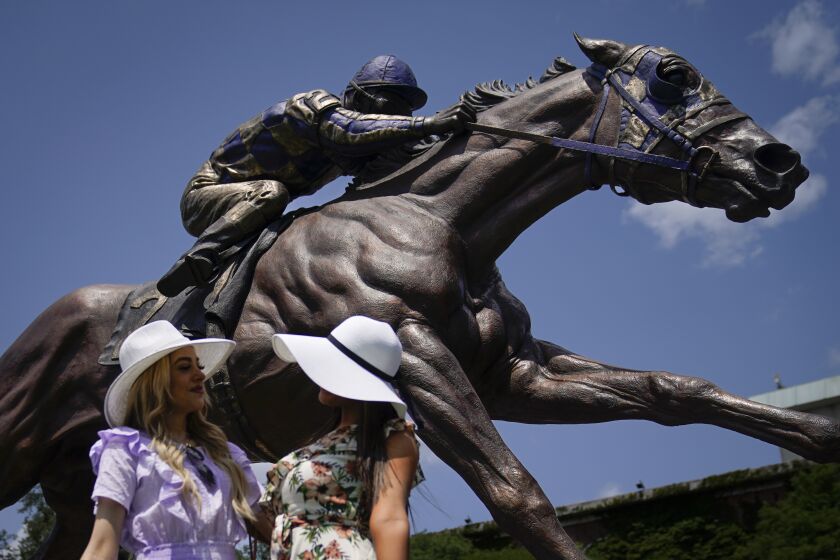 A giant tribute statue of Secretariat stands on the grounds for spectators to browse as the track celebrates the 50th anniversary of the horse's record-setting win ahead of the Belmont Stakes horse race, Saturday, June 10, 2023, at Belmont Park in Elmont, N.Y. (AP Photo/John Minchillo)