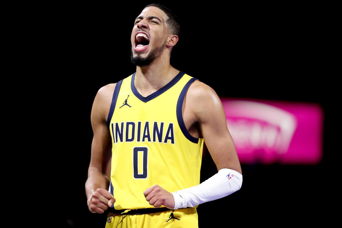 Pacers guard Tyrese Haliburton reacts during his team's victory over the Bucks on Thursday.