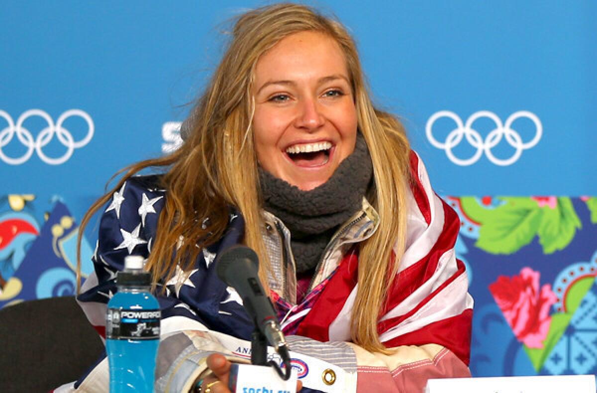 American snowboarder Jamie Anderson fields questions from the media following her victory in slopestyle on Sunday at Rosa Khutor Extreme Park.