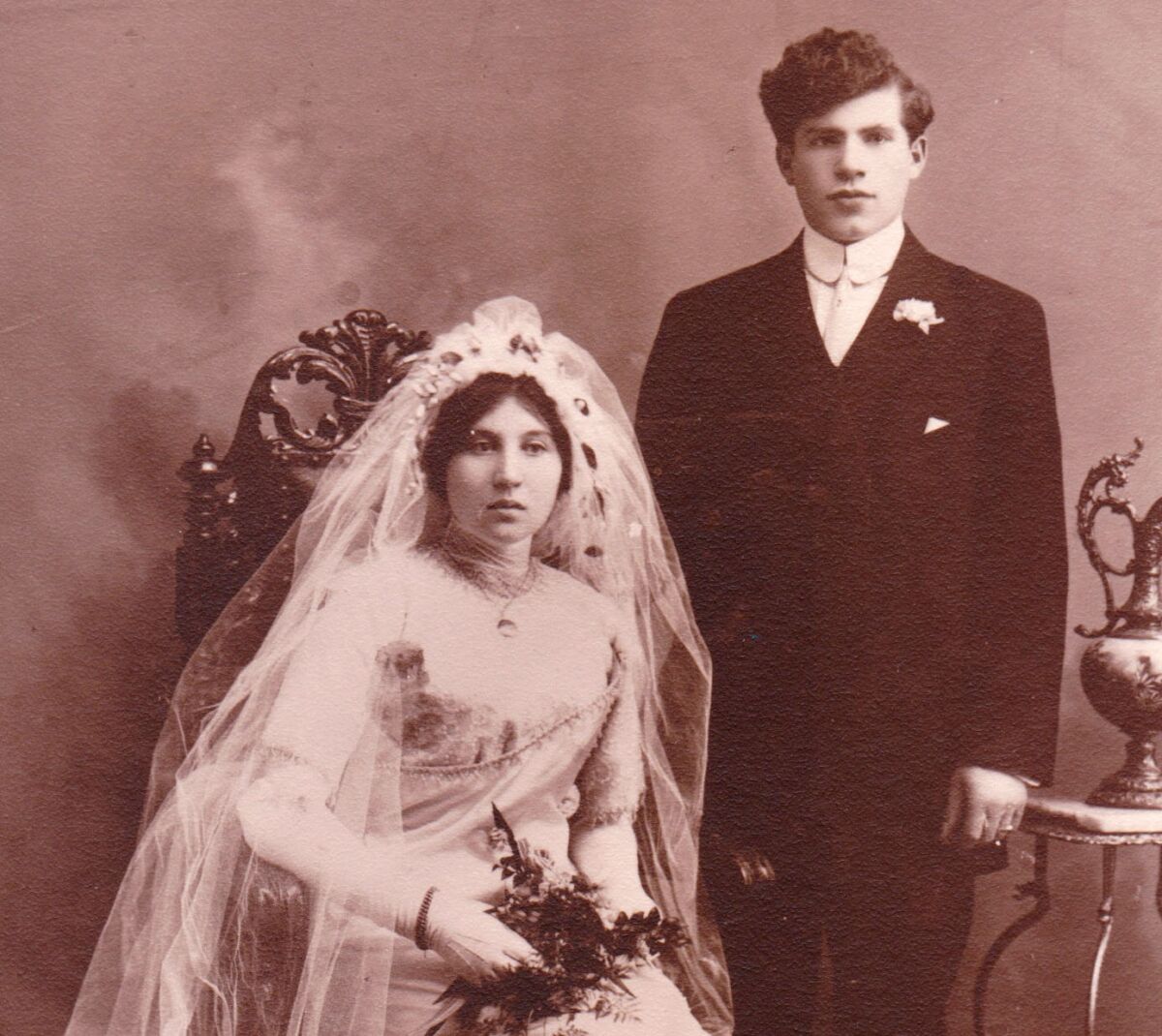 A couple in wedding clothes in a 1912 photo