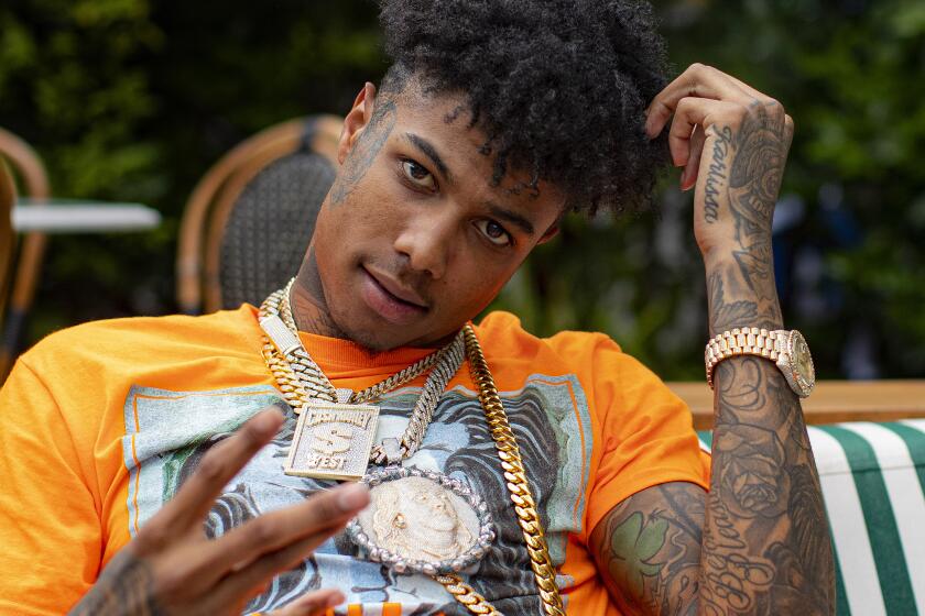 LOS ANGELES, CA - JUNE 21, 2019: Los Angeles rapper Blueface chills at the Roosevelt Hotel on June 21, 2019 in Los Angeles, California. He started playing high schools then gained success after his hit "Thotiana" featuring Cardi B. went viral.(Gina Ferazzi/Los AngelesTimes)