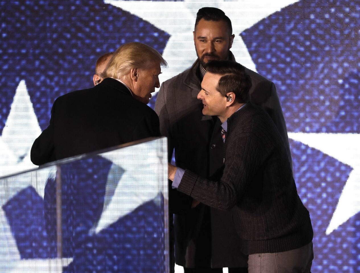 President-elect Donald Trump greets 3 Doors Down after they performed at a pre-Inaugural "Make America Great Again! Welcome Celebration" at the Lincoln Memorial on Thursday.