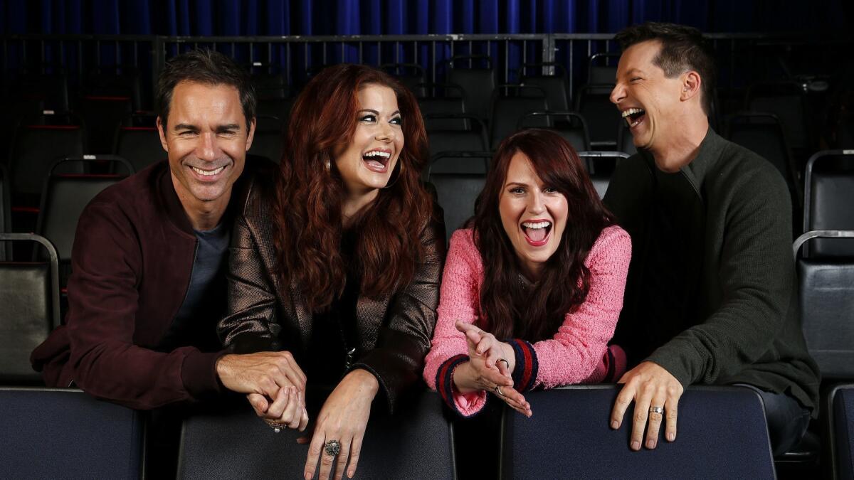 The cast for the television series, "Will & Grace," Eric McCormack from left, Debra Messing, Megan Mullally, and Sean Hayes, are photographed in the audience bleachers of the set at Universal Studios Hollywood in Universal City on September 7, 2017.