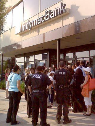 Police were called in to calm a throng of IndyMac Bank customers trying to pull money out of the Encino branch on the second day of a federal bank takeover.
