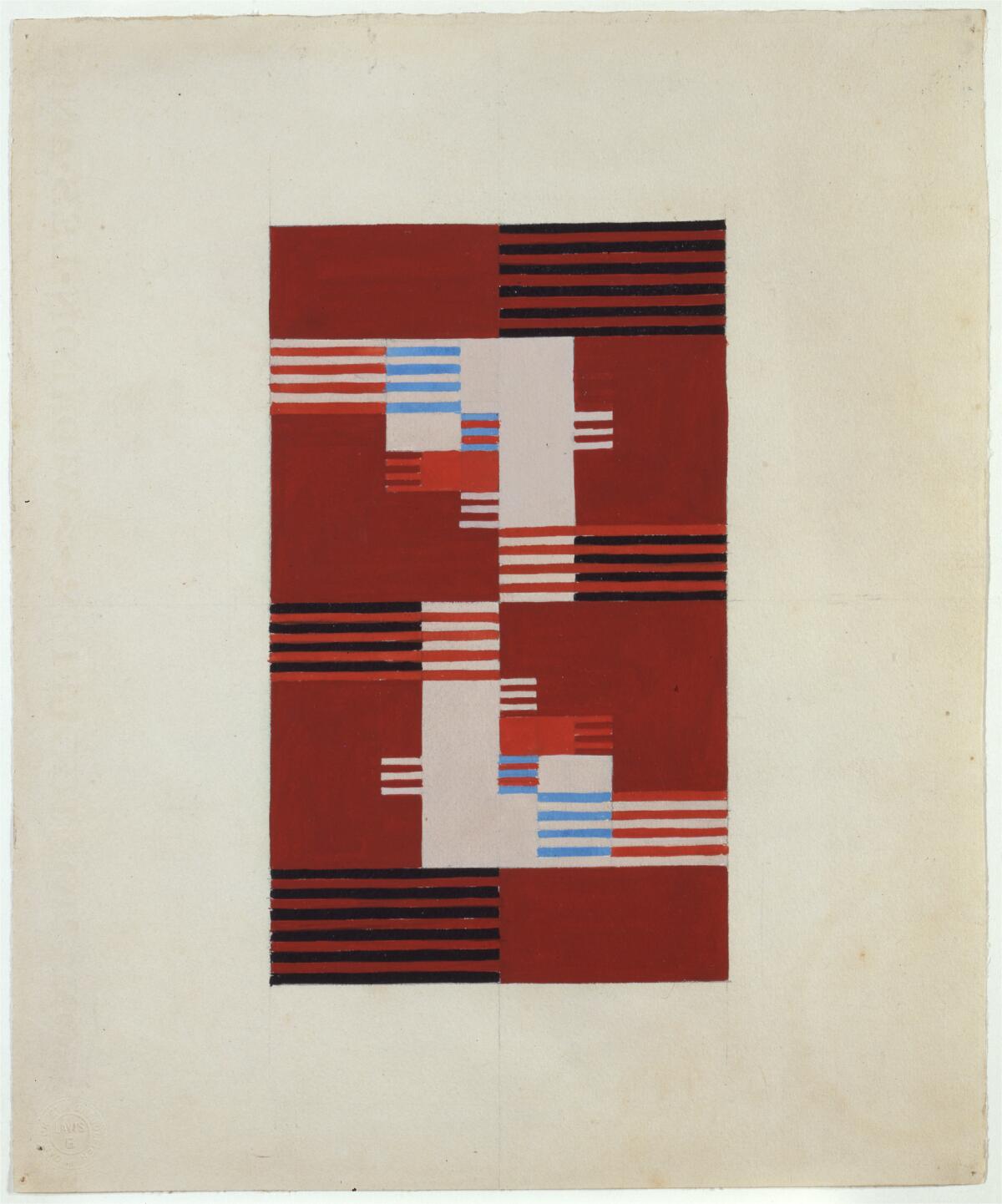 A work of art on red paper with white, blue, red and black lines.