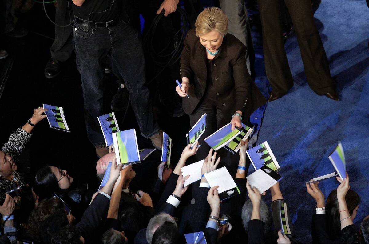 Hillary Rodham Clinton signs autographs in Los Angeles during her 2008 presidential campaign. The state, crucial to her success at the time, is seen as a key source of support if she were to run again.