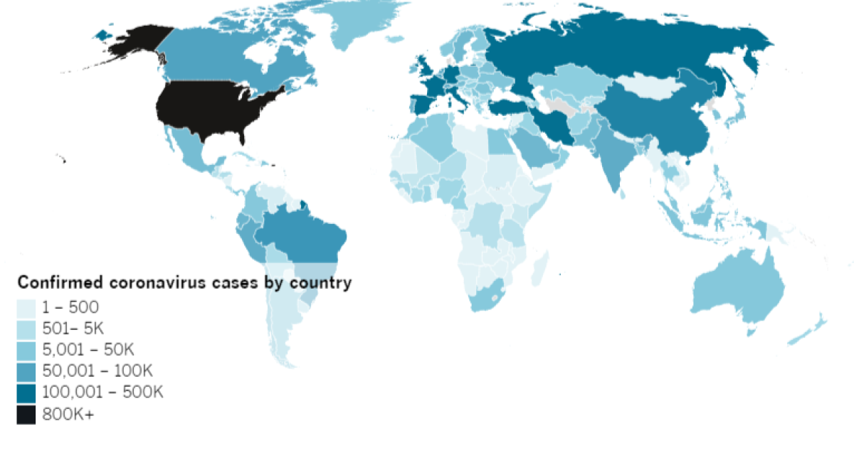 Confirmed COVID-19 cases by country as of 4:30 p.m. Wednesday, April 29, 2020. Click to see the map from Johns Hopkins CSSE.
