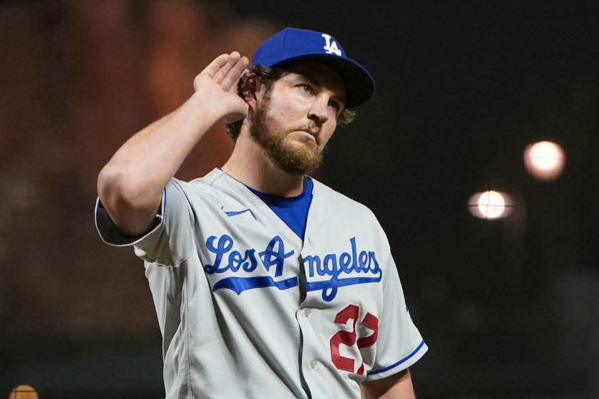 SAN FRANCISCO, CALIFORNIA - MAY 21: Trevor Bauer #27 of the Los Angeles Dodgers reacts to fans booing him.