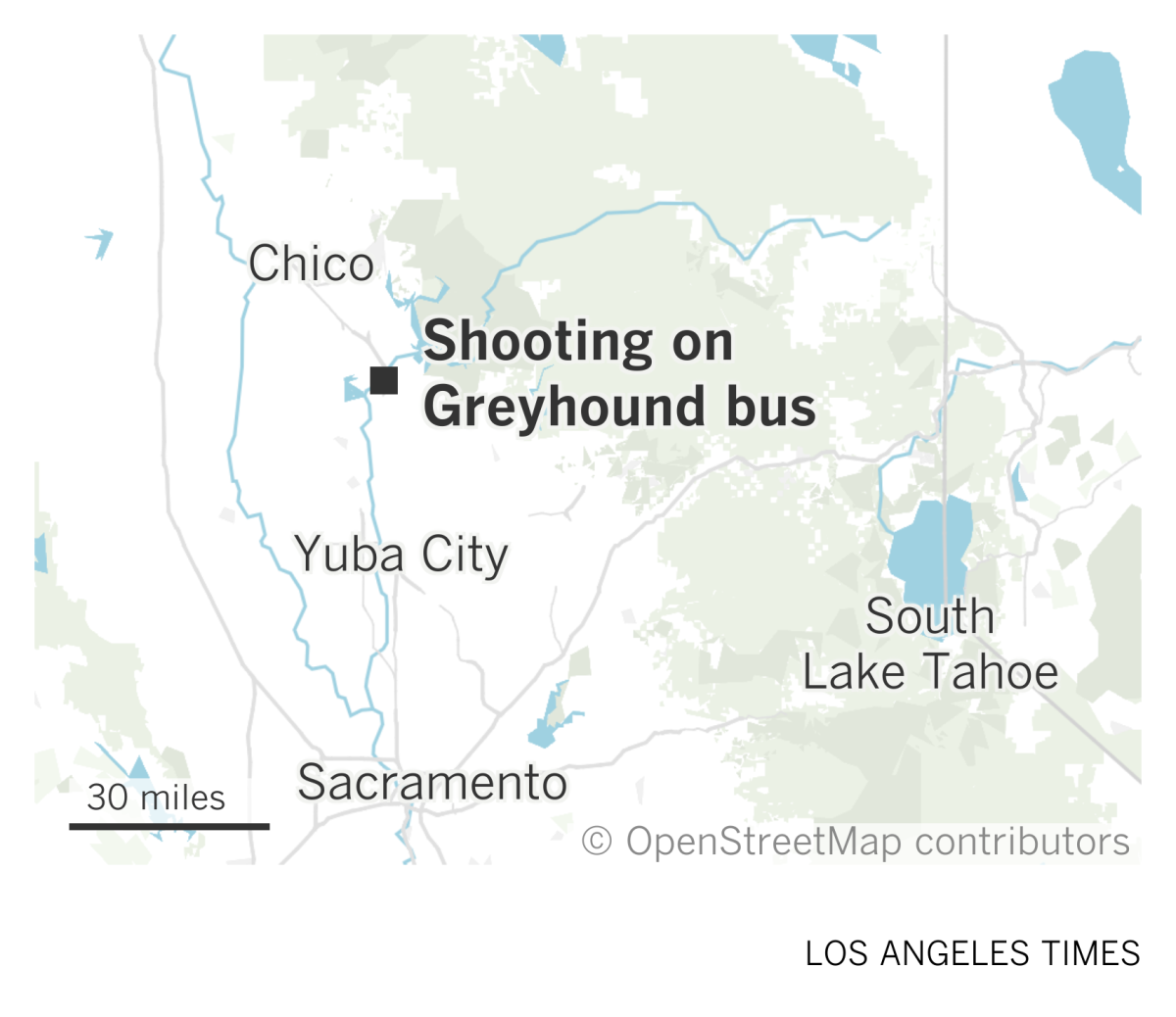 A map of Northern California showing the location of a shooting on a Greyhound bus in Oroville
