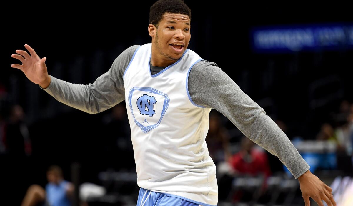 Kennedy Meeks jokes during practice at Staples Center on March 25 in Los Angeles.