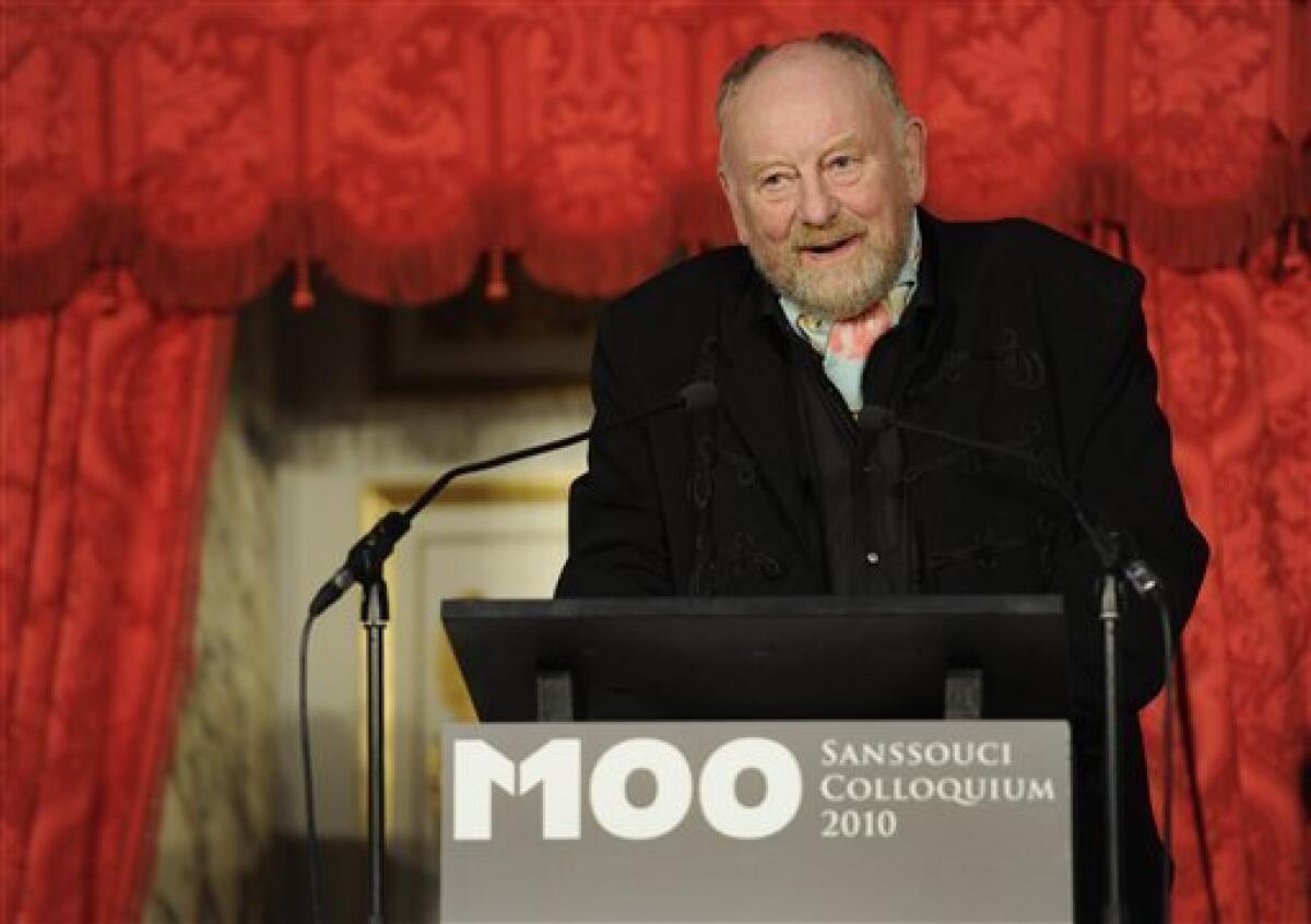 Danish cartoonist Kurt Westergaard delivers his acceptance speech after receiving the M100 Media Prize 2010 in Potsdam near Berlin, eastern Germany, Wednesday, Sept. 8, 2010. Westergaard drew the most controversial of 12 caricatures of the Prophet Mohammed, first published in a Danish newspaper in 2005, which many Muslims considered offensive. (AP Photo/Odd Andersen, pool)