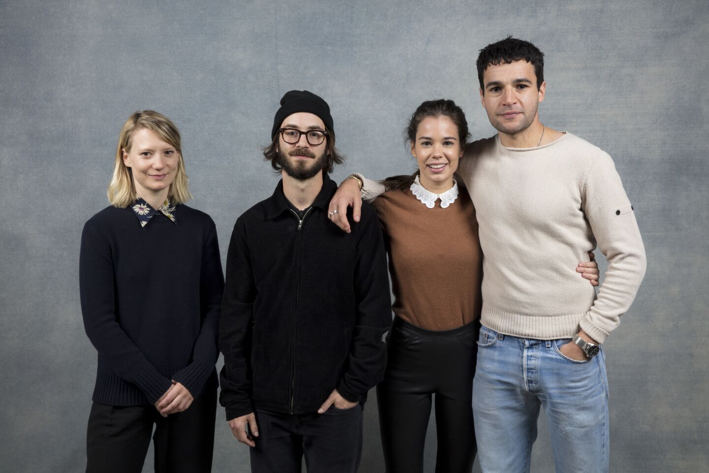 Actress Mia Wasikowska, director Nicolas Pesce, actress Laia Costa, and actor Christopher Abbott, from the film "Piercing."