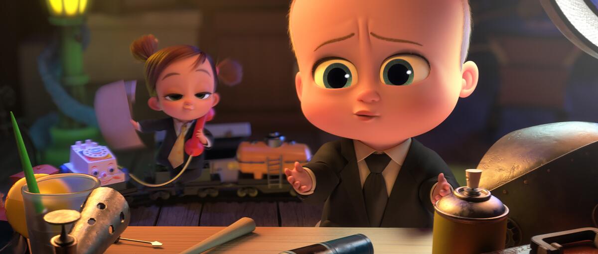 An animated baby wearing a suit