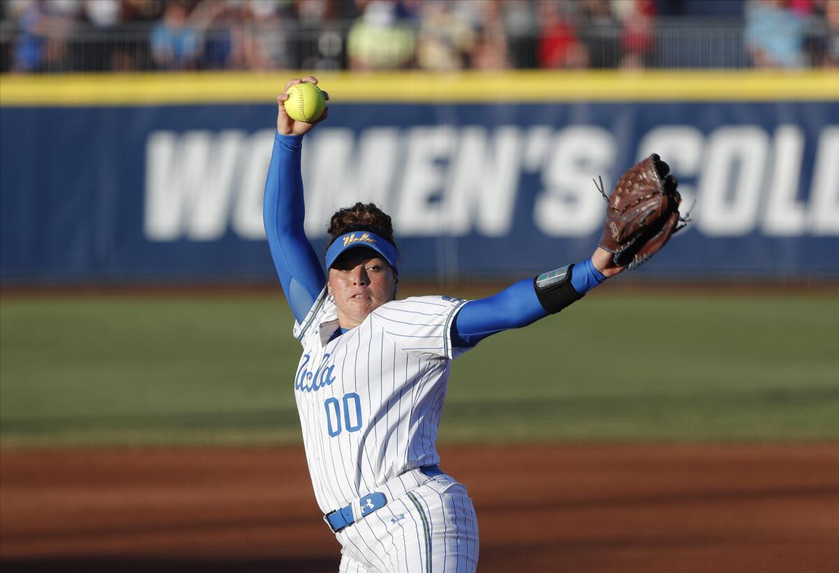 UCLA's Rachel Garcia pitches against Oklahoma during the first inning of Game 2 of the Women's College World Series