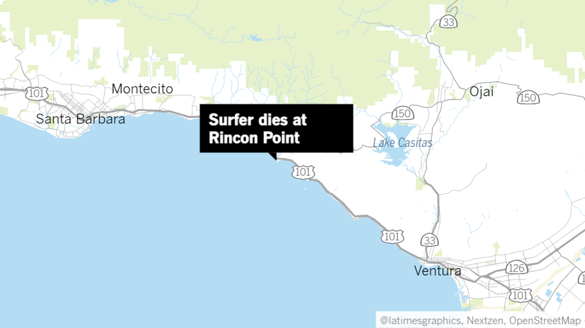 Map of the Ventura County coast with a label pointing to Rincon Point