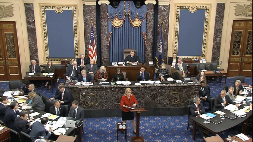In this image from video, House impeachment manager Rep. Sylvia Garcia (D-Texas) speaks during the impeachment trial against President Donald Trump in the Senate at the U.S. Capitol in Washington, Thursday, Jan. 23, 2020.