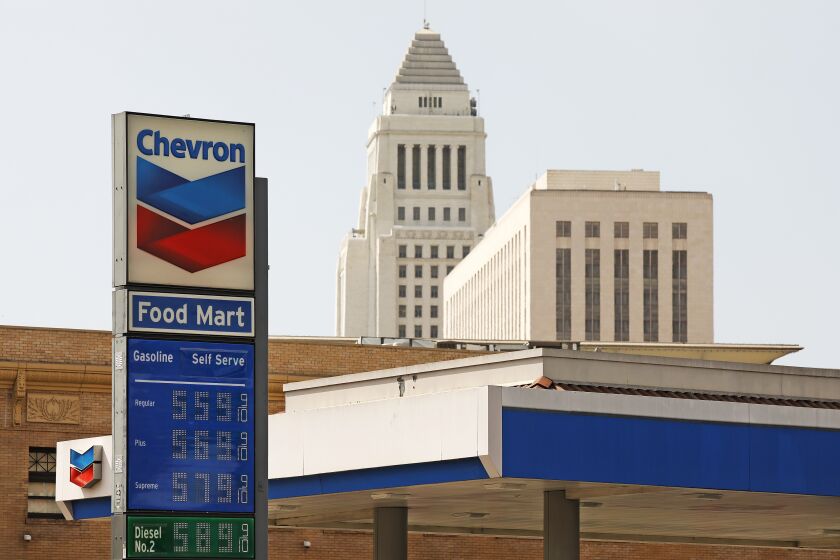 LOS ANGELES, CA - MARCH 09: High gas prices at the Chevron gas station located at East Cesar Chavez Ave and North Alameda Street in Los Angeles on March 9, 2021. Gas prices are expected to get worse before they get better. Los Angeles on Tuesday, March 9, 2021 in Los Angeles, CA. (Al Seib / Los Angeles Times).