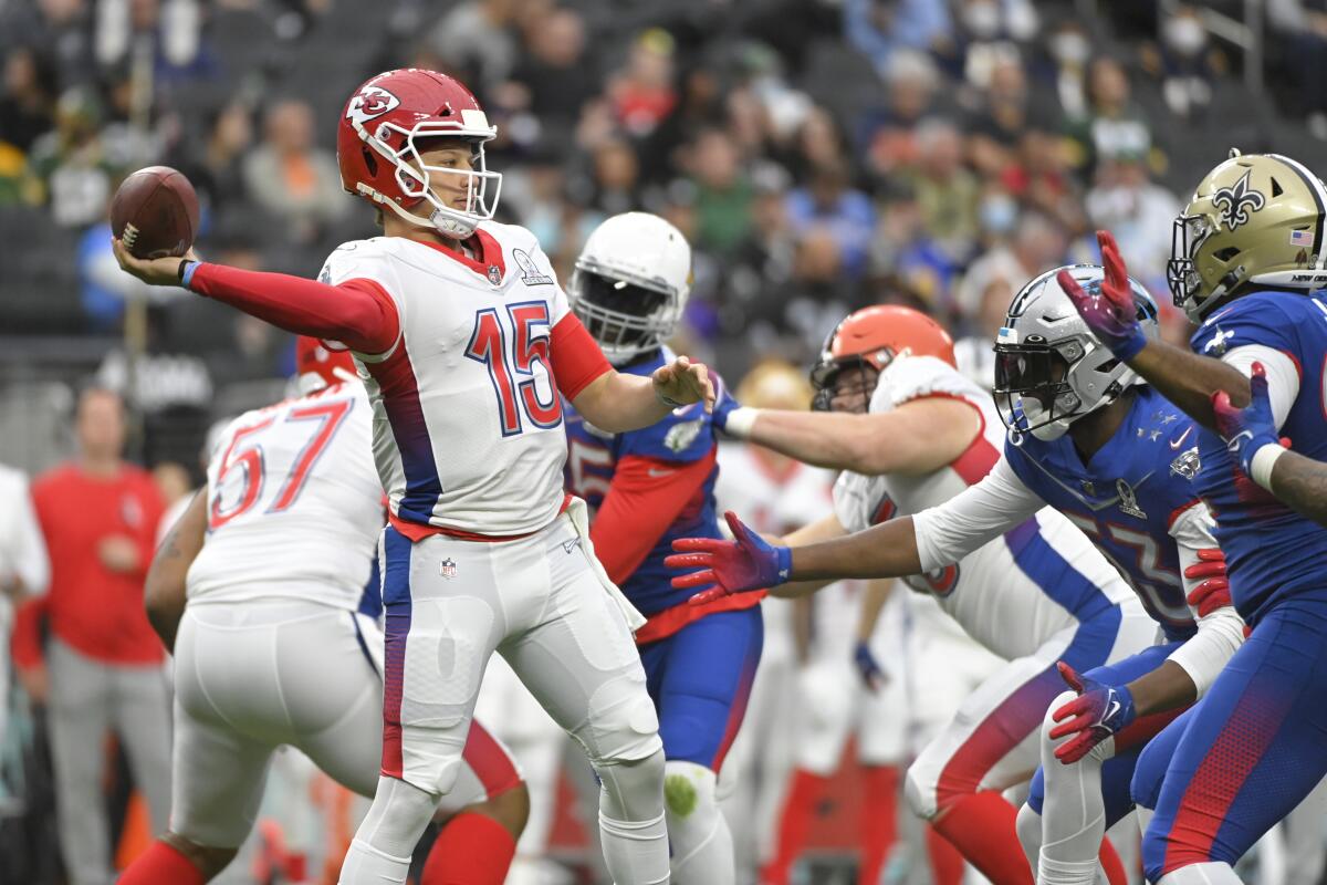 AFC quarterback Patrick Mahomes of the Kansas City Chiefs passes against the NFC during the 2022 Pro Bowl game