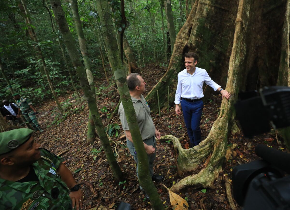 French President Emmanuel Macron, right, visits the Raponda Walker Arboretum with the Gabon's Ministry of Water and Forests, the Sea and the Environment, Lee White in Libreville, Gabon, Thursday, March 2, 2023. French president Emmanuel Macron and officials and environment ministers from around the world are attending the One Forest Summit this week in the capital Libreville to discuss maintaining the world's major rainforests. (AP Photo/ Angouma/Afrikimages)