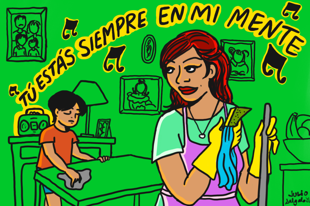Illustration of a mom and a son cleaning while listening to Juan Gabriel