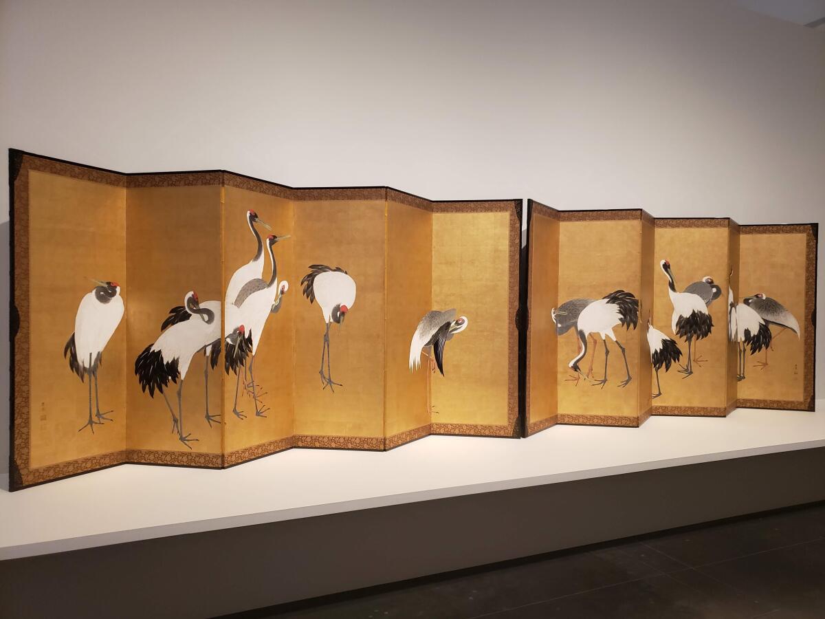 Maruyama Ōkyo, "Cranes," 1772, pair of six-panel screens in ink, color and gold leaf on paper