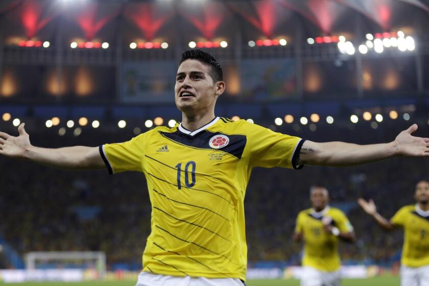 James Rodriguez, 22, leads all scorers with five goals in the World Cup for Colombia, which will play host Brazil in a quarterfinal match Friday.