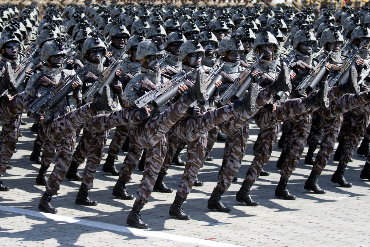 Soldiers march in a parade in Pyongyang, North Korea.