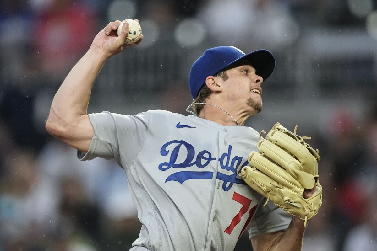 Los Angeles Dodgers starting pitcher Gavin Stone (71) works out against the Atlanta Braves.