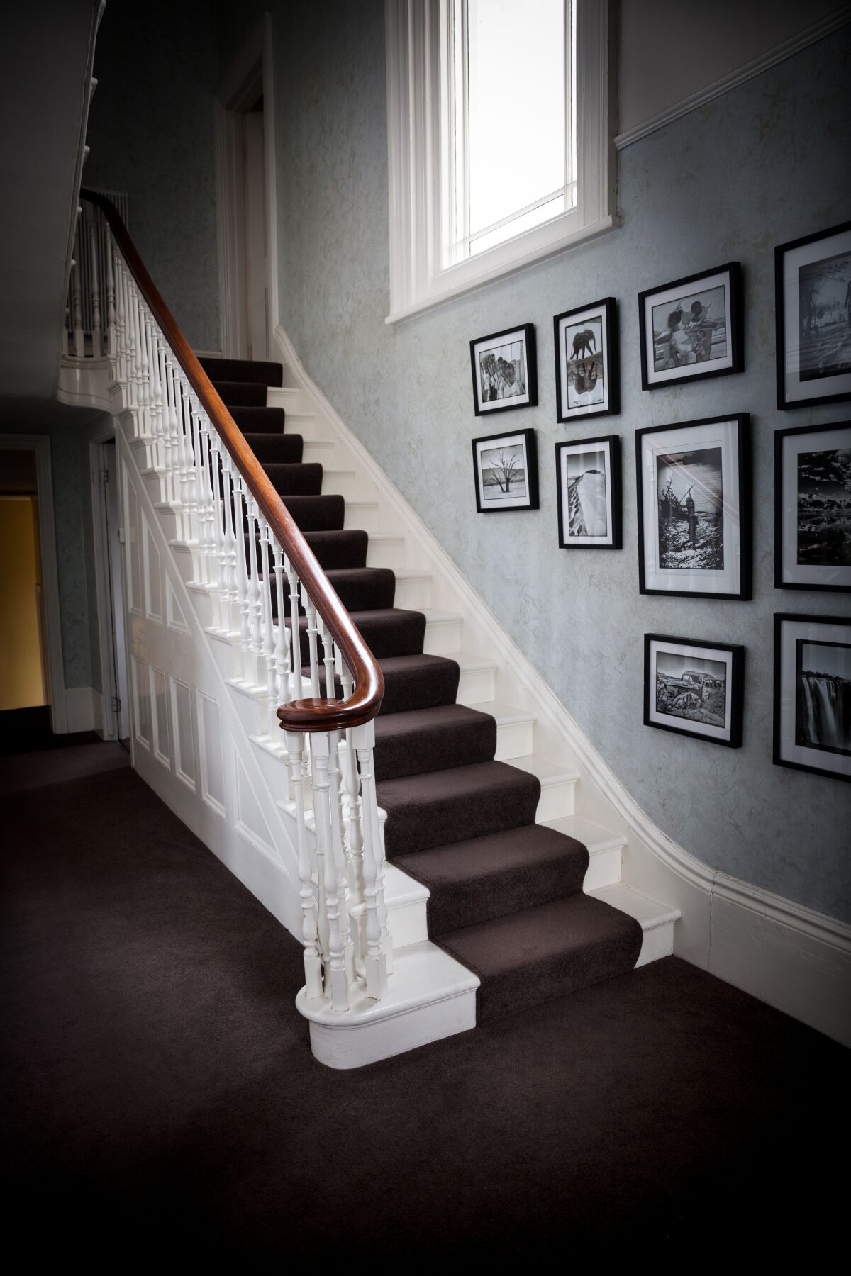 An array of framed photos line the wall of a staircase.
