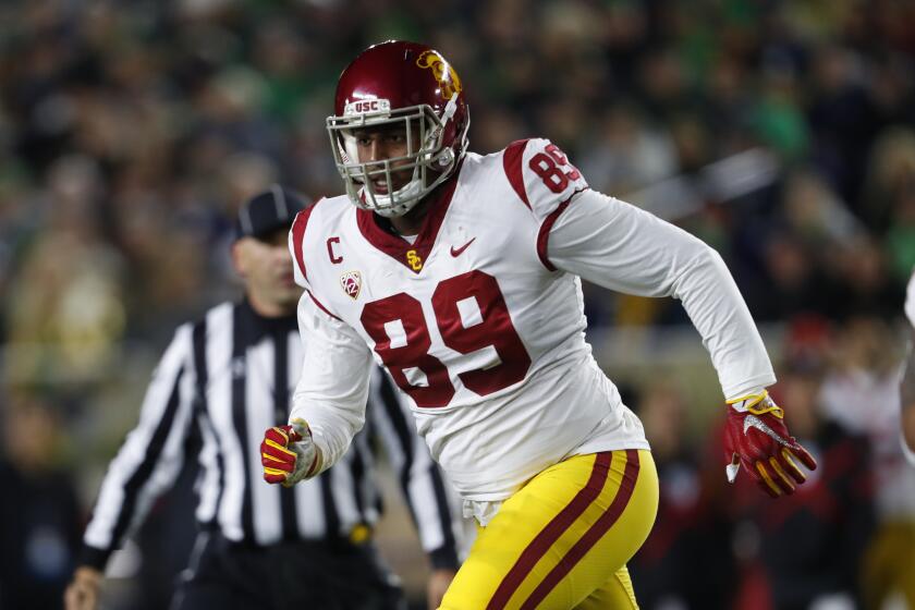 DUPLICATE***Southern California defensive lineman Christian Rector plays against Notre Dame in the first half of an NCAA college football game in South Bend, Ind., Saturday, Oct. 12, 2019. (AP Photo/Paul Sancya)