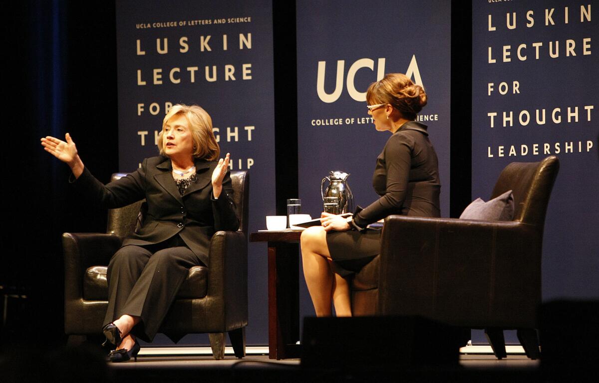 Former Secretary of State Hillary Rodham Clinton with moderator and political science professor Lynn Vavreck at UCLA on Wednesday.