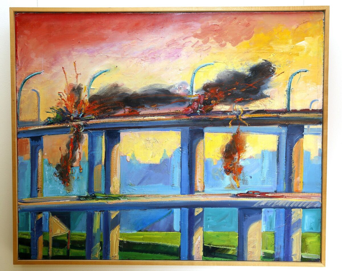 "Sunset Crash," a 1982 painting by Carlos Almaraz. What everyone saw as an encroachment of horrible L.A. freeways, he saw as a canvas for endless amusement, says Richard Montoya, co-director of "Carlos Almaraz: Playing with Fire."